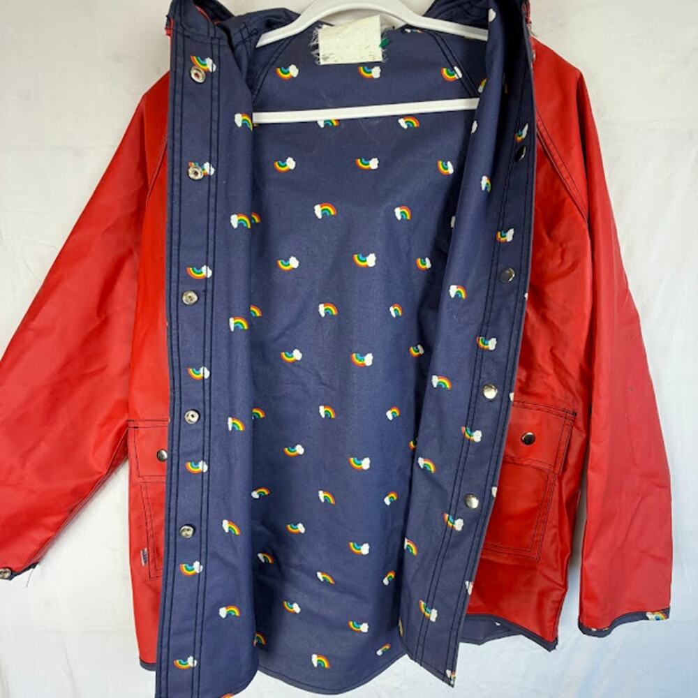Vintage 70's 80's Abel Rubber Rain Slicker Red Hooded Jacket Rainbow Lining M